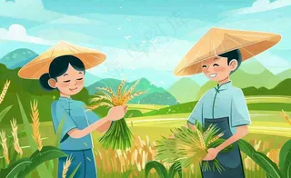 世界粮食日芒种秋收稻田麦子农民天空小满创意手绘卡通插画背景