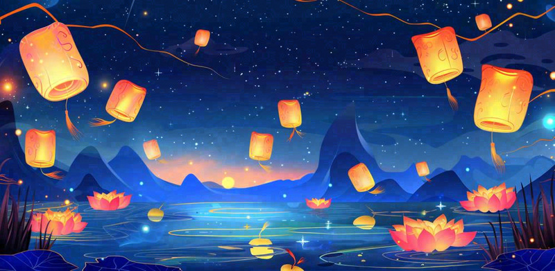 湖面花灯孔明灯风景夜晚荷花灯许愿灯放天灯中国风古风中元节寒衣节插画背景