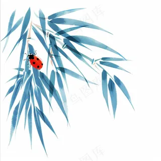 竹叶上的昆虫翠蓝水墨中国风插画免抠