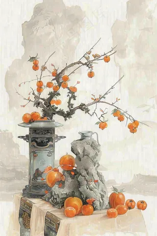 水墨画静物速写柿子花瓶柜台秋天立秋中国风插画背景