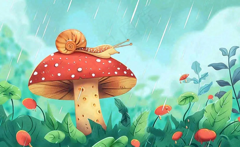 春天雨水蘑菇上的蜗牛森林惊蛰谷雨插画背景(1408x864)