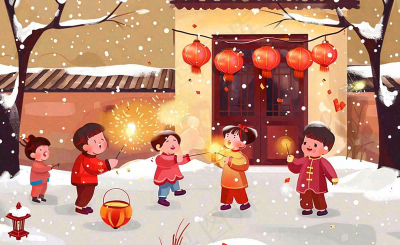 卡通新年除夕夜孩童放烟花鞭炮团聚喜庆春节插画过年背景