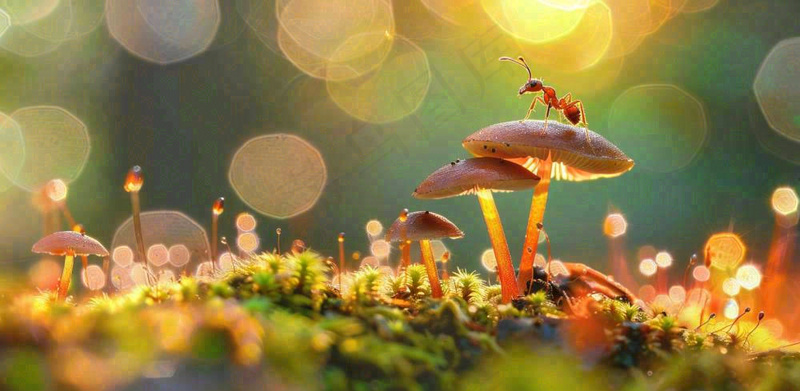 阳光下的蚂蚁蘑菇菌类阳光春天惊蛰春分摄影图(1568x768)