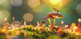 阳光下的蚂蚁蘑菇菌类阳光春天惊蛰春分摄影图