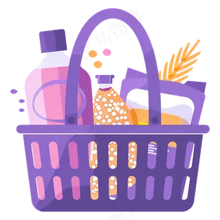 免抠紫色卡通购物手提篮