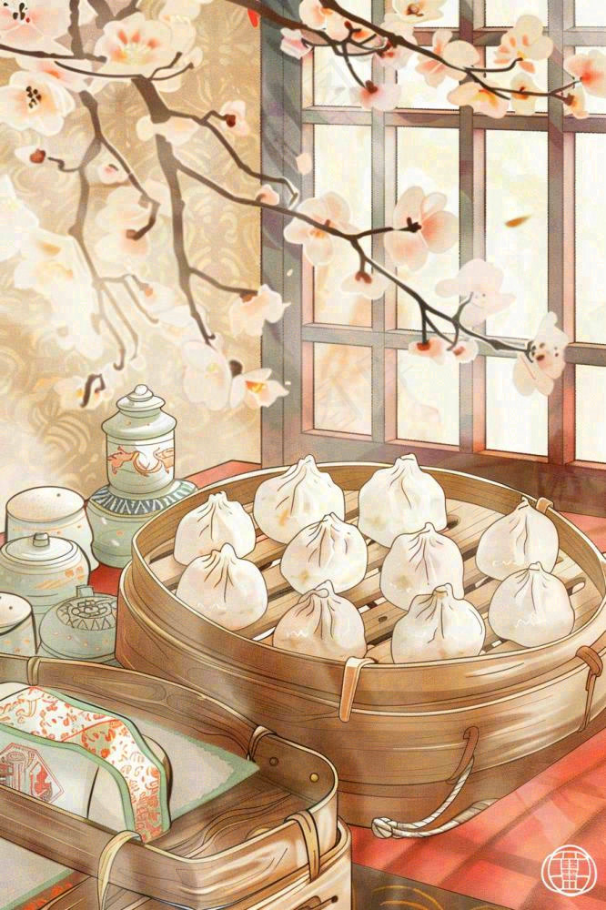 古风插画美食饺子包子梅花古风窗户冬至插画背景(896x1344)