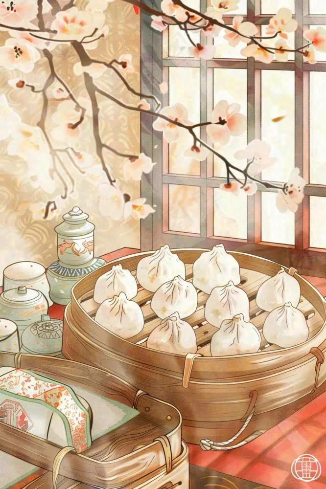 古风插画美食饺子包子梅花古风窗户冬至插画背景(896x1344)