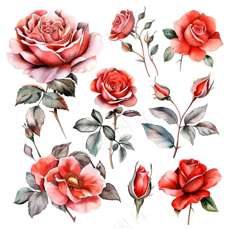 玫瑰花植物花朵水彩插画免抠(1024x1024)