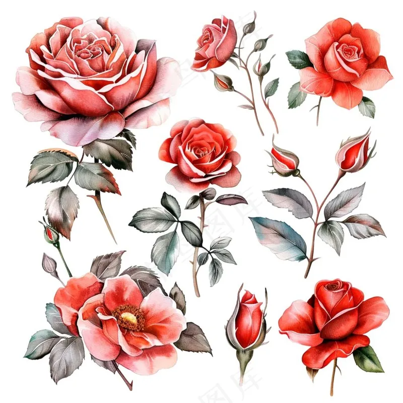 玫瑰花植物花朵水彩插画免抠(1024x1024)