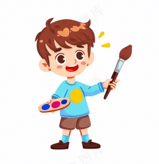 画画美术拿着颜料盘画笔的男孩学生卡通插画免抠