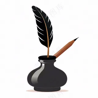 黑色羽毛墨水笔卡通插画免抠