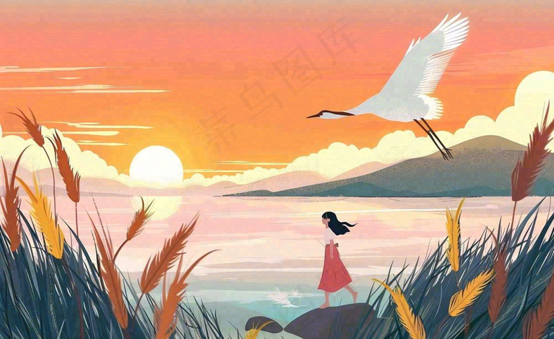 秋天夕阳下山水飞鹤女孩芦苇白露寒露插画背景(1408x864)