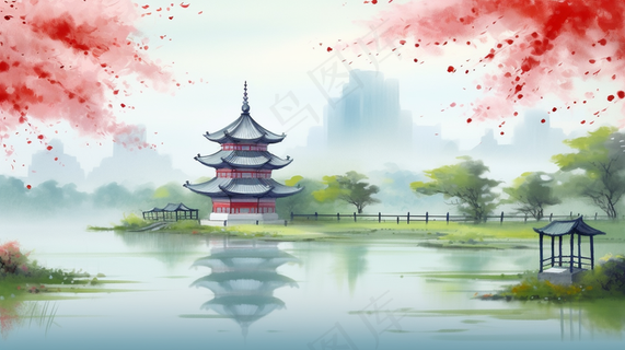 春天江南水乡山水阁楼凉亭红花树水墨画插画背景