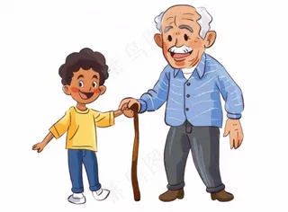 孙子牵着爷爷孝敬老人陪伴亲情人物卡通插画免抠