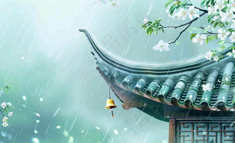 古风手绘雨插画下雨天的屋檐谷雨雨水插画背景(1408x864)