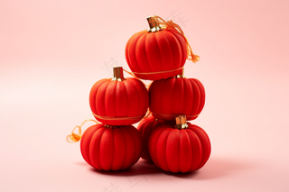 红色丝绒小灯笼南瓜形状摄影图