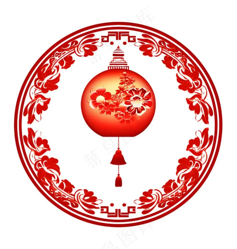 红色圆形边框窗花春节贴纸免抠(1814x1900)