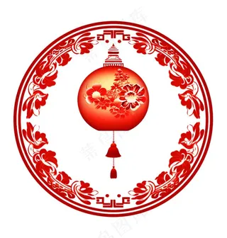 红色圆形边框窗花春节贴纸免抠