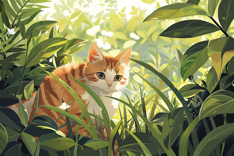 春日草丛里的猫橘猫可爱卡通插画背景(4032x2688)