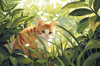 春日草丛里的猫橘猫可爱卡通插画背景