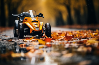 秋季道路上的落叶玩具赛车摄影图 