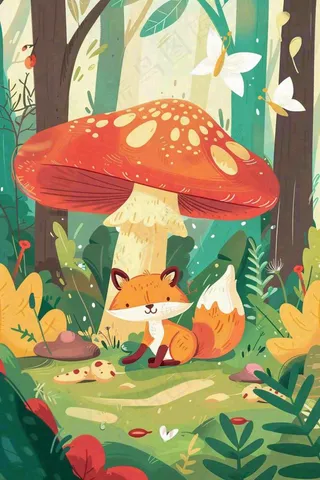 森林里的可爱狐狸在红蘑菇下玩耍唯美插画惊蛰处暑背景