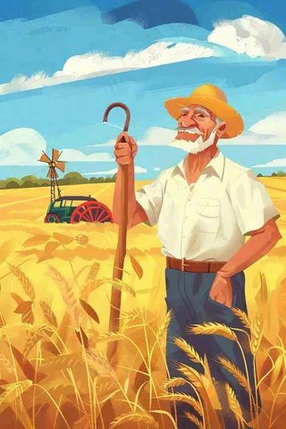 秋天农民伯伯秋收小麦丰收粮食金黄风车芒种立秋秋分卡通插画背景