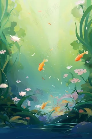 湖底水底世界鱼群游曳水草植物卡通插画背景