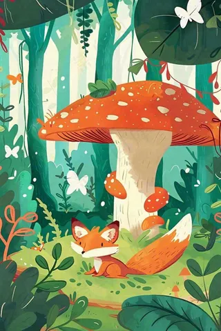 森林里的可爱狐狸在红蘑菇下玩耍唯美插画惊蛰处暑背景