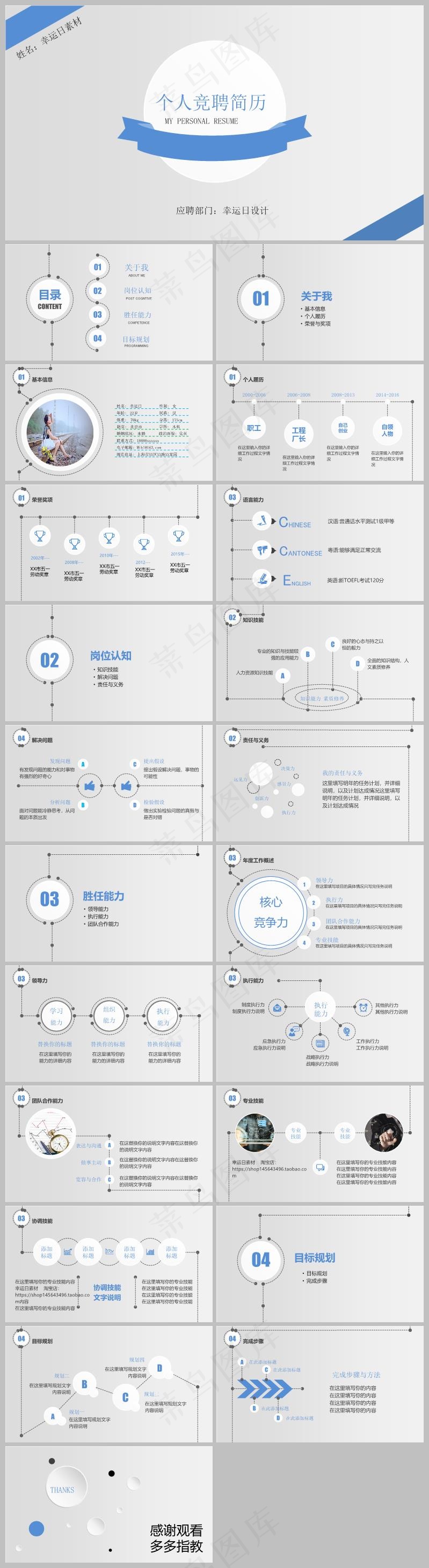蓝色简约风求职竞聘简历PPT模板