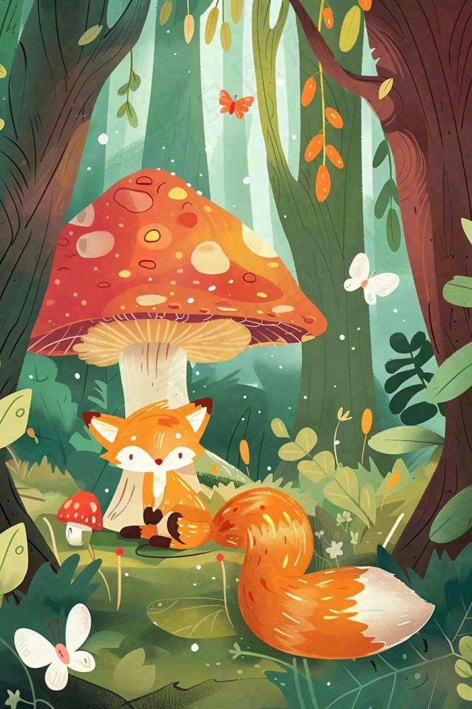 森林里的可爱狐狸在红蘑菇下玩耍唯美插画惊蛰处暑背景(896x1344)