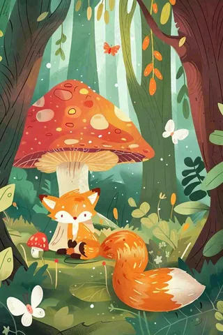 森林里的可爱狐狸在红蘑菇下玩耍唯美插画惊蛰处暑背景