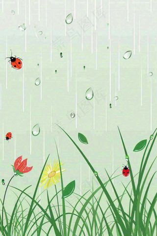 春天草丛花丛昆虫下雨天雨水惊蛰谷雨卡通插画背景