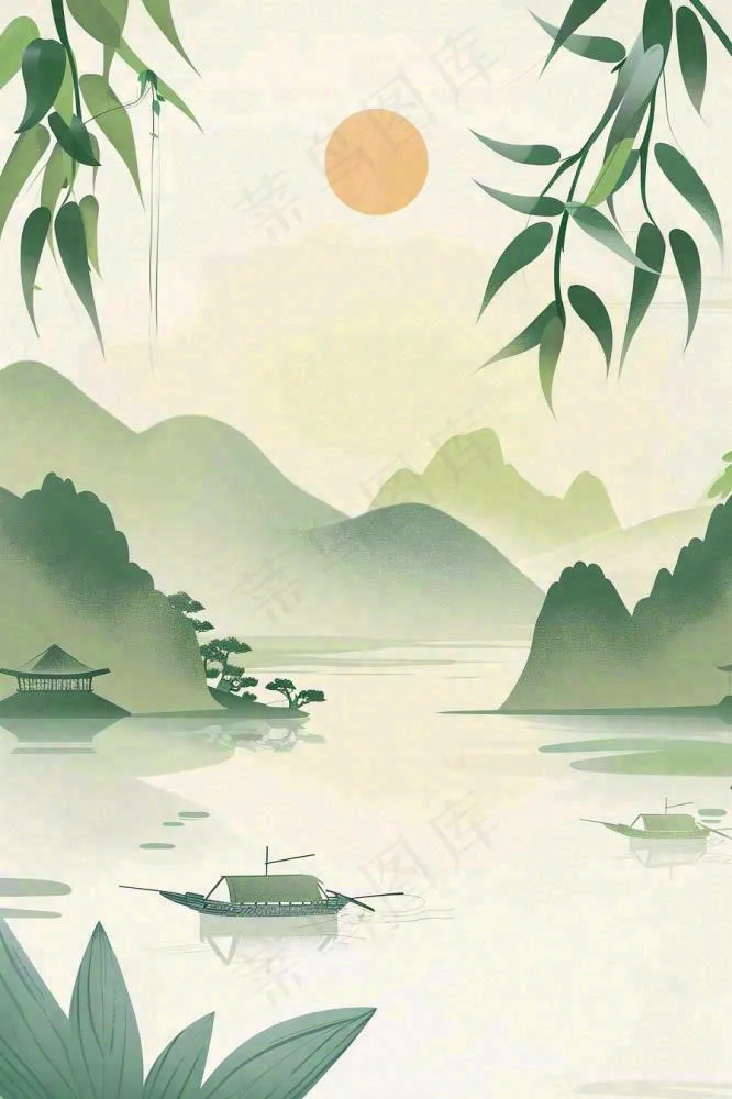 水墨画山水小船绿水青山清明端午插画背景(896x1344)