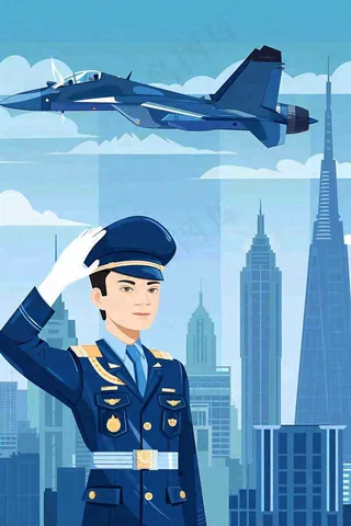 军人城市飞机蓝色建军卡通插画背景