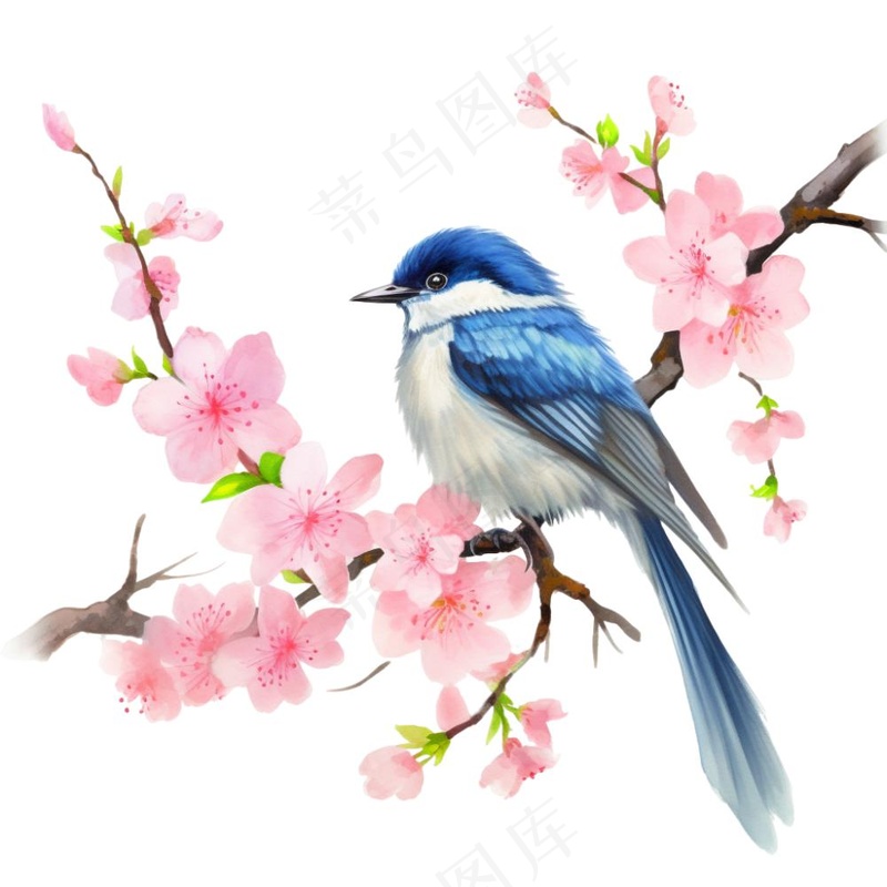 春桃花樱花树枝蓝鸟水彩画卡通插画免抠