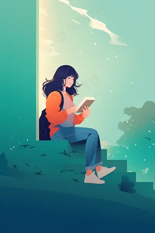 坐窗台看书的女孩少女沉思卡通插画背景