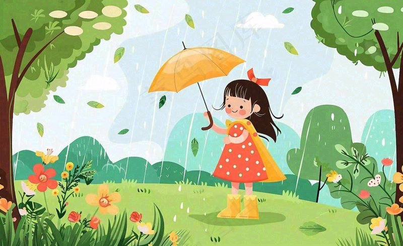 春天雨季女孩打伞在森林公园里嬉戏小草花丛鸟春游踏青雨水谷雨卡通插画背景(1408x864)
