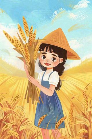 秋收麦田里抱着麦穗的女孩农民芒种立秋秋分卡通插画背景