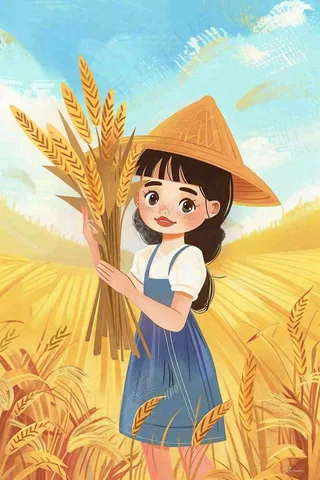 秋收麦田里抱着麦穗的女孩农民芒种立秋秋分卡通插画背景