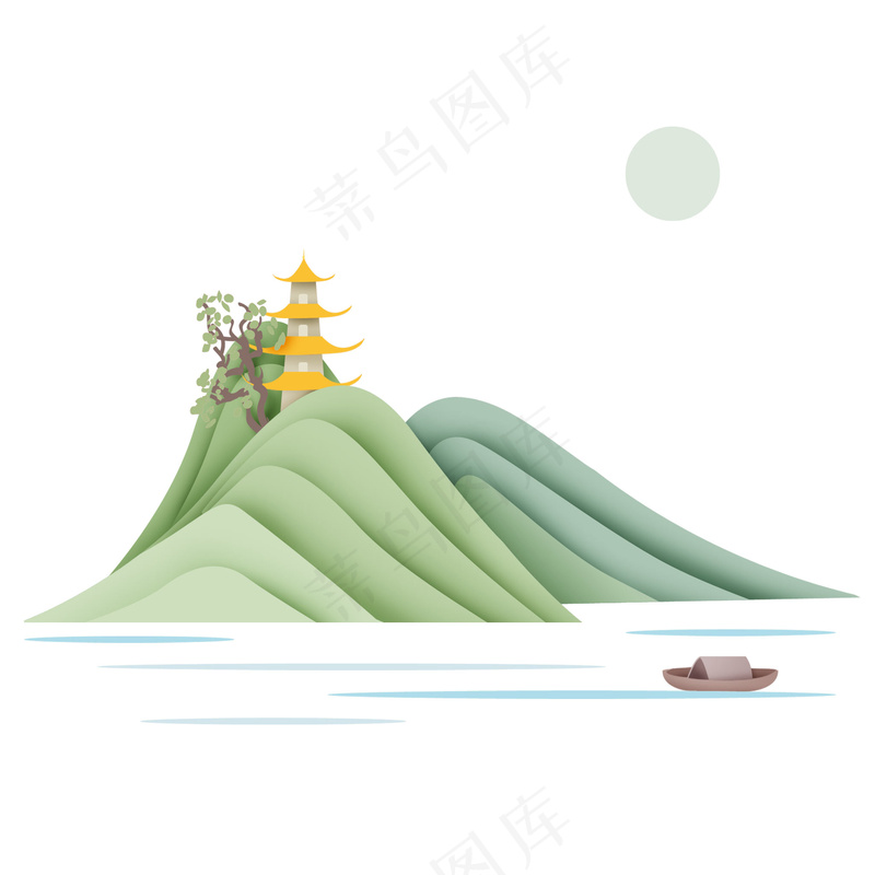 简约远景山上塔免扣元素psd模版下载