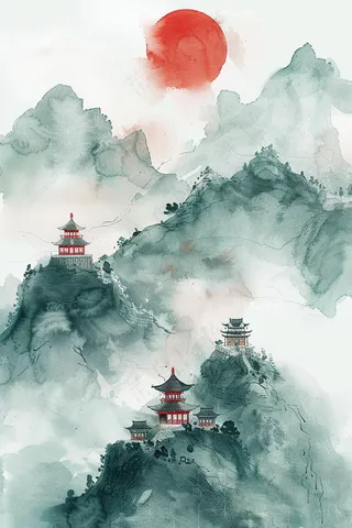 水墨国画山川寺庙立于山顶日出青山插画背景