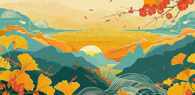 国潮风中国山水秋天落日银杏青山中秋重阳插画背景