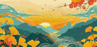 国潮风中国山水秋天落日银杏青山中秋重阳插画背景