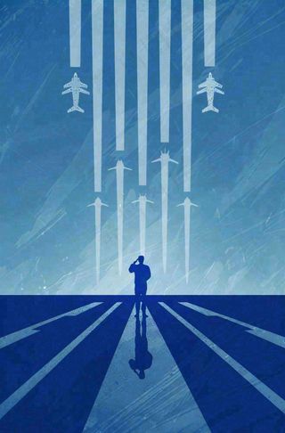 建军蓝色纹理简约军人剪影飞机插画背景