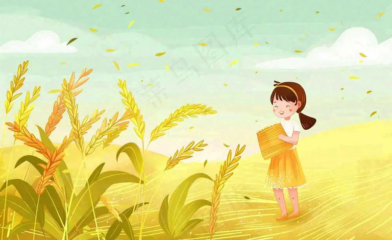 秋天丰收季节小麦稻田金色女孩抱着麦穗秋分立秋插画背景(1408x864)