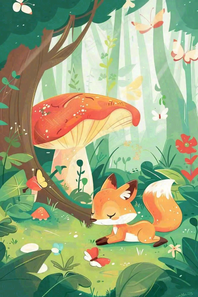 森林里的可爱狐狸在红蘑菇下玩耍唯美插画惊蛰处暑背景(896x1344)