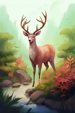 山野里的麋鹿梅花鹿卡通插画背景