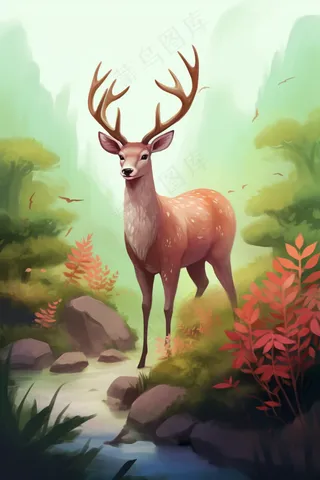 山野里的麋鹿梅花鹿卡通插画背景