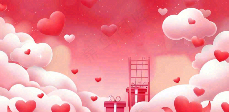 情人节天空梦幻爱心云朵阶梯礼物爱情红色唯美七夕插画背景(1568x768)